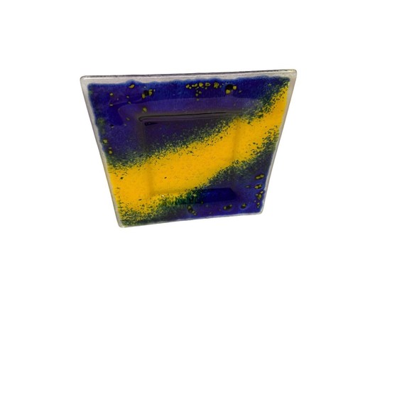 Art Fused Glass Square Tray With Bubbles In Green Blue And Yellow 7" x 7" - Picture 4 of 5